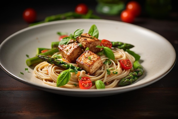 Tofu primavera avec des légumes de printemps et des pâtes