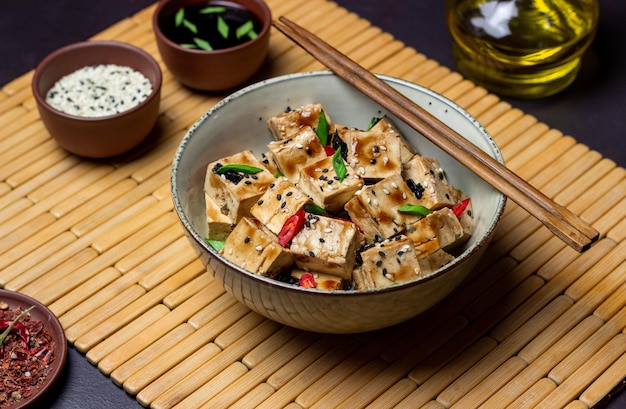 Tofu à la sauce teriyaki avec oignons verts piments et sésame Nourriture asiatique Nourriture végétarienne Alimentation saine