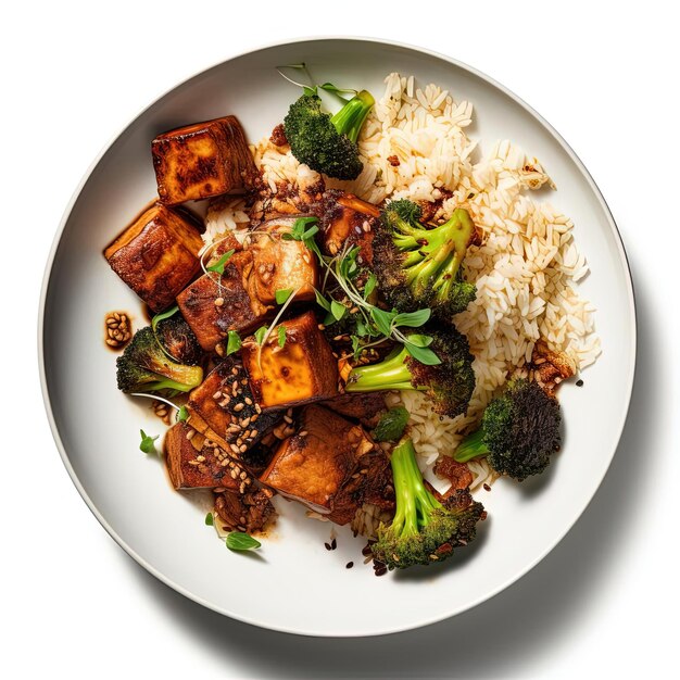 Photo tofu stir-fry avec du brocoli et du riz brun dans le style d'un fond blanc