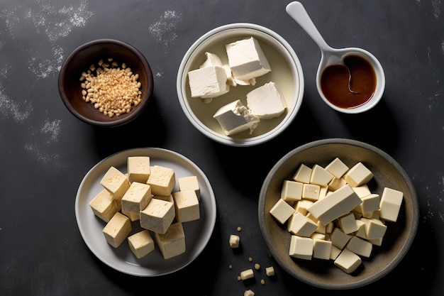 Tofu traité blanc dans des bols avec un fond gris isolé en cubes émiettés et en blocs de tofu Le caillé de haricots un substitut de viande et un ingrédient de la cuisine asiatique est formé à partir de coagulat