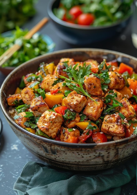 Photo tofu végétalien frite avec riz et légumes