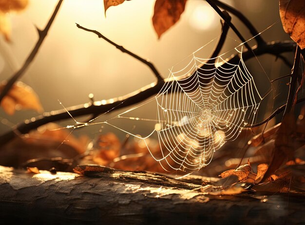 une toile d'araignée dans la feuille d'un arbre dans le style de paysages photoréalistes