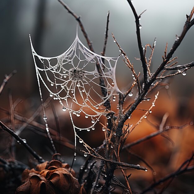 une toile d'araignée est assise dans un arbre avec un brouillard en arrière-plan