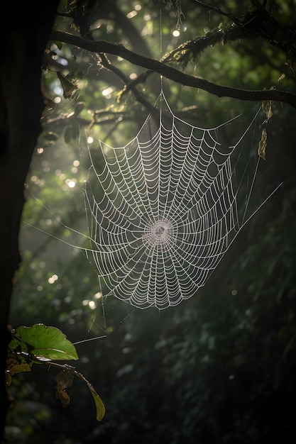 Photo une toile d'araignée pend dans une forêt le matin.