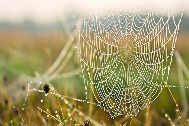 Une toile d'araignée recouverte de rosée scintillante à la lumière du matin sur un fond naturel flou