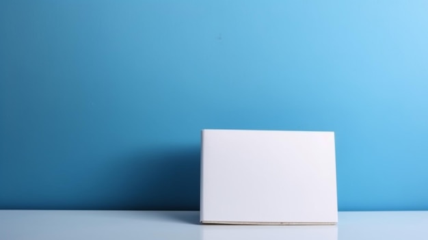 Une toile blanche avec une boîte en bois sur une table blanche sur fond bleu.