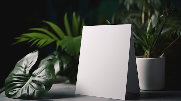 Une toile blanche est posée sur une table à côté d'une plante.