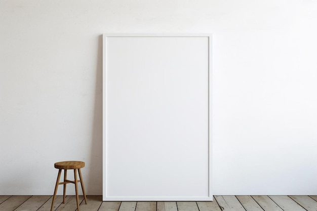 une toile blanche sur un mur blanc avec un tabouret à côté.