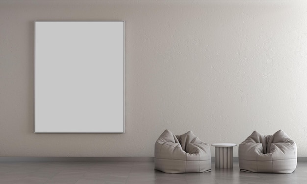 Une toile blanche sur un mur avec une photo d'une chaise et des tabourets.