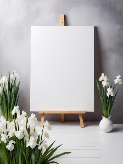 Une toile blanche avec une palette blanche entourée d'iris blancs en fleurs