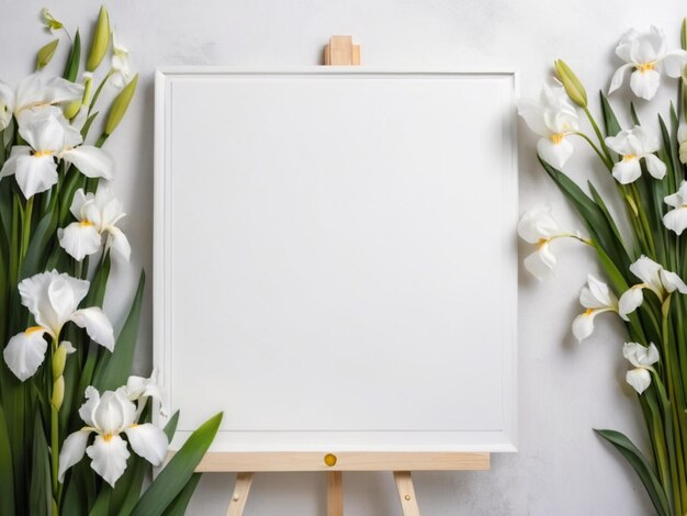 Une toile blanche avec une palette blanche entourée d'iris blancs en fleurs