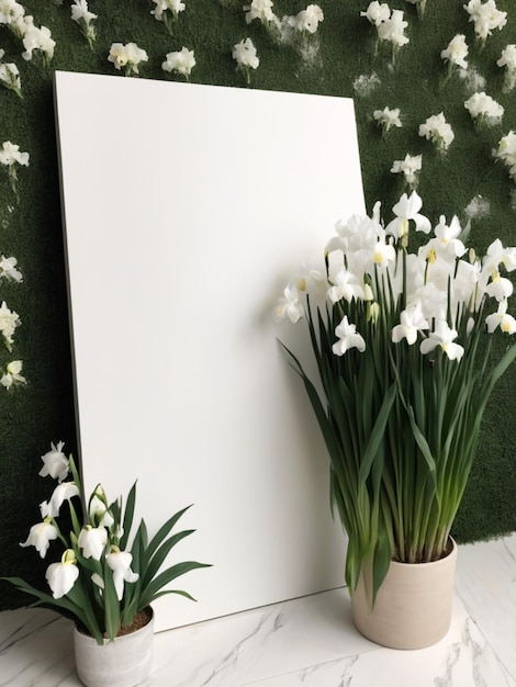 Une toile blanche avec une palette blanche entourée d'iris blancs en fleurs