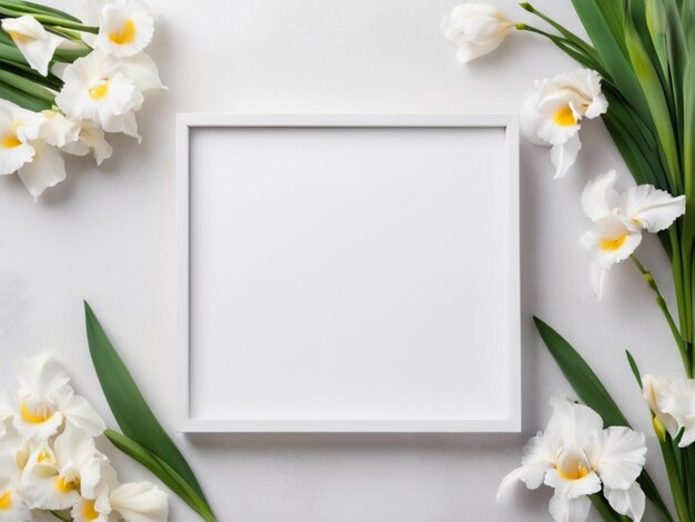 Une toile blanche avec une palette blanche entourée d'iris blancs en fleurs