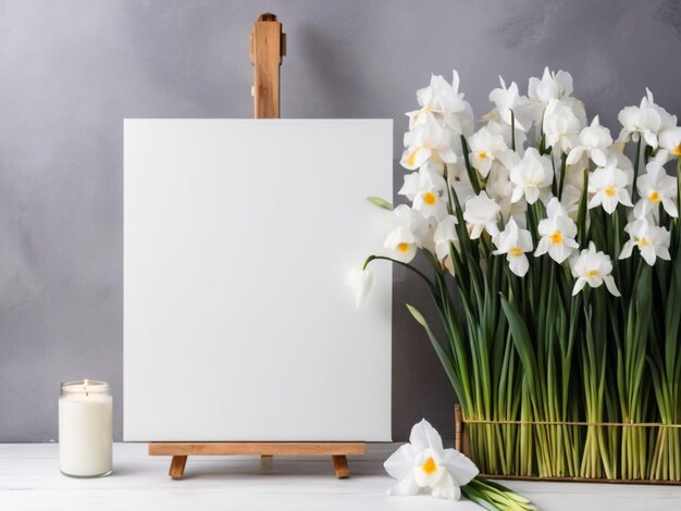 Une toile blanche avec une palette blanche entourée d'iris blancs en fleurs