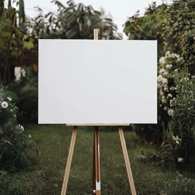 Une toile blanche se tient dans un jardin vert luxuriant en attente d'être peinte