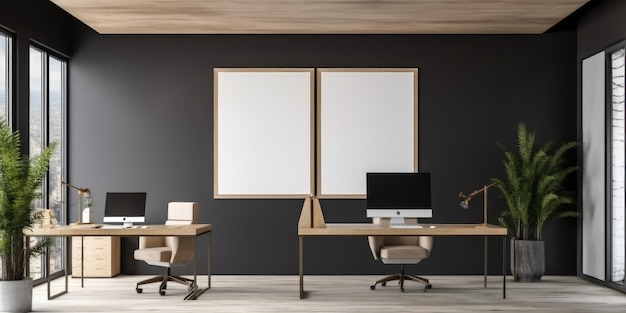 Toile de cadre de maquette dans un bureau en bois noir avec un mobilier minimaliste Generative AI AIG18