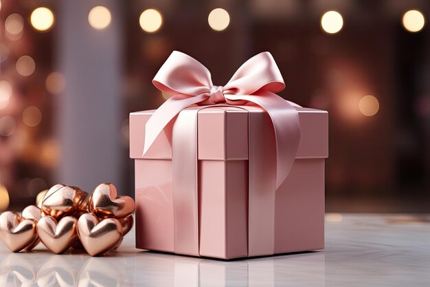 Toile de fond abstraite avec une boîte-cadeau en forme de coeur rose ornée d'un ruban et d'un arc pour la Saint-Valentin