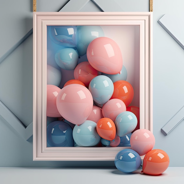 Toile de fond avec des ballons bleus à pois roses avec des tons gris bleu ciel clair et bronze doux AI générative