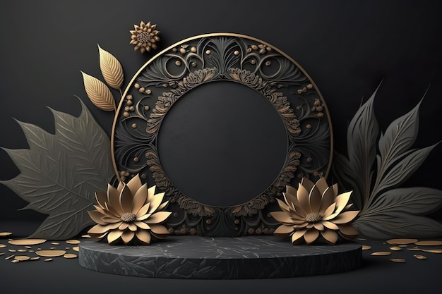 Toile de fond Beauty Spa Black Podium pour l'affichage de produits avec des fleurs de Lotus dorées Generative AI