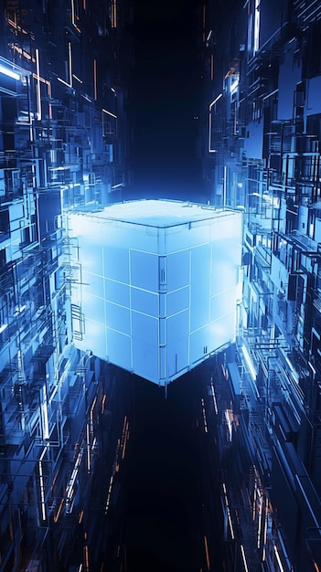 La toile de fond du cyberspace présente un cube technologique en rendu 3D détaillé