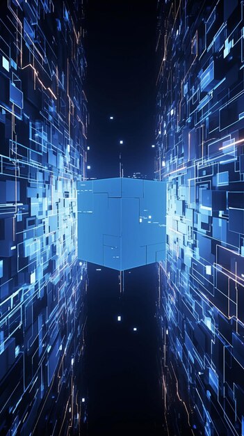 La toile de fond du cyberspace présente un cube technologique en rendu 3D détaillé