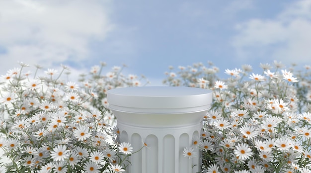 Toile de fond du podium de beauté avec scène de champ de fleurs blanches