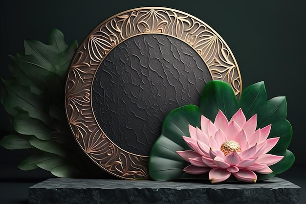 Toile de fond du podium en pierre noire du spa de beauté pour l'affichage des produits avec des fleurs de lotus AI générative