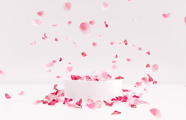 Photo toile de fond du podium de la saint-valentin avec fond de pétales de rose.