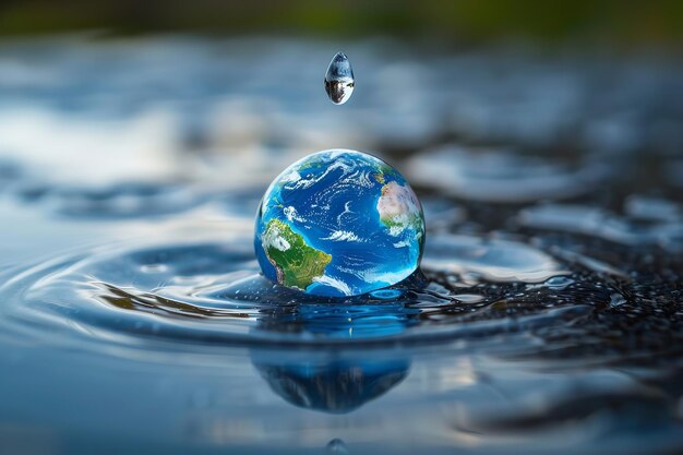 Photo une toile de fond d'eau bleue avec une goutte d'eau sur la terre pour la journée mondiale de l'eau avec un grand espace pour le texte ia générative