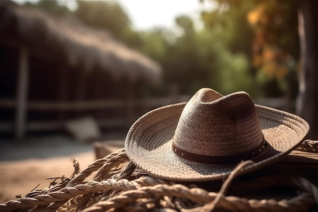 Toile de fond extérieure rustique Fond rural coucher de soleil avec chapeau de cow-boy et corde ai générative