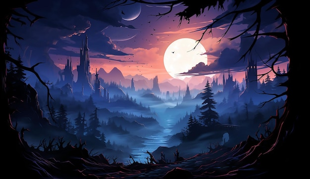 Toile de fond de forêt fantasmagorique avec la pleine lune et les chauves-souris