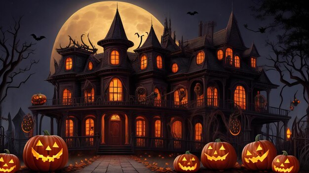 Une toile de fond d'Halloween à minuit avec des citrouilles obsédantes et un fond de bougies au clair de lune