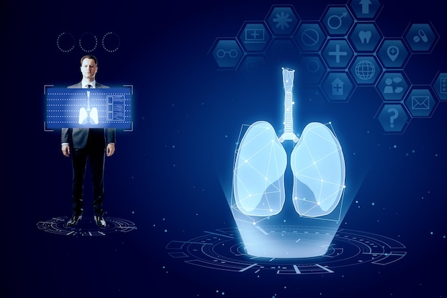 Toile de fond d'interface de poumons médicaux bleu brillant abstrait avec des icônes concept de médecine et d'innovation