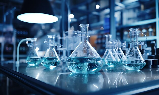 Toile de fond de laboratoire de chimie, flacons chimiques, lunettes de laboratoire Mo pour flux de créateur de contenu