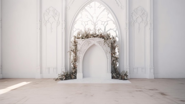 Toile de fond de mariage décoration de guirlande de fleurs esthétique intérieur fond blanc généré par AI