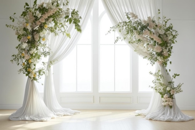 Toile de fond de mariage décoration de guirlande de fleurs esthétique intérieur fond blanc généré par AI