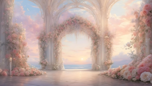 Une toile de fond de mariage élégante avec des couleurs pastel douces, des motifs floraux complexes et un éclairage romantique