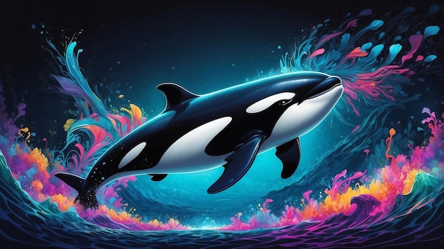 Photo sur la toile de fond de la mer noire, une orque élégante plane gracieusement ornée d'une hypnotisante