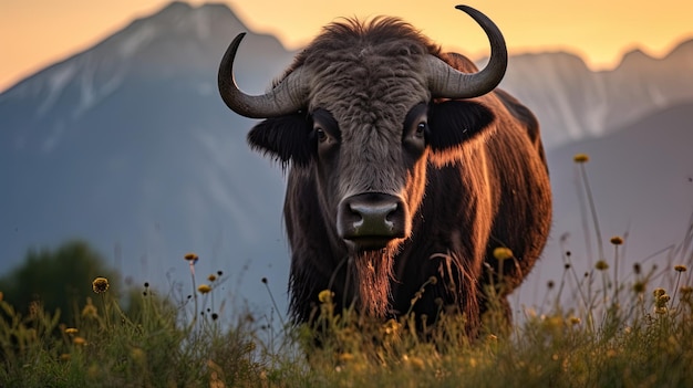 Sur la toile de fond des montagnes et du coucher du soleil, un buffle se tient dans l'herbe haute et verte