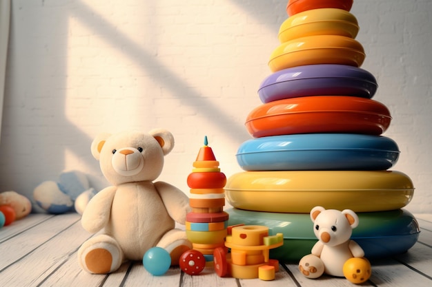 Une toile de fond neutre ornée d'un assortiment de jolies jouets pour bébés