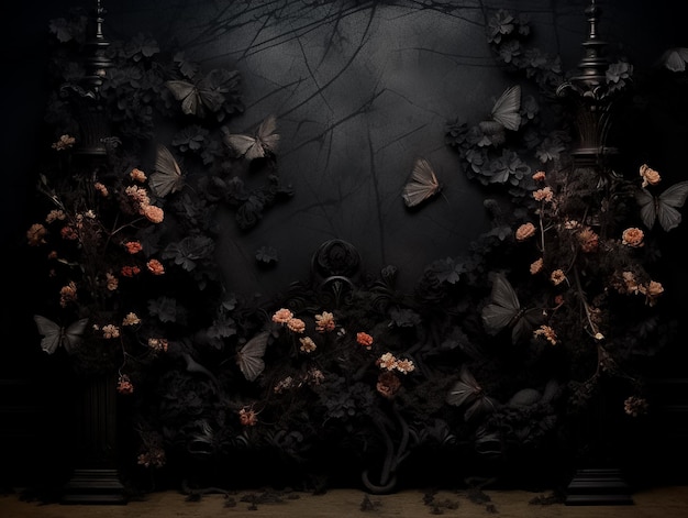 Toile de fond numérique mur gothique floral effrayant noir généré par Ai
