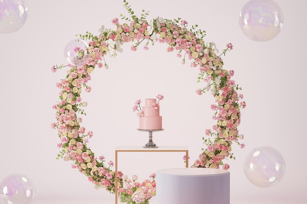 Toile De Fond De Podium Pour L'affichage Du Produit Avec Gâteau Et Fleur Rose Rose Rendu 3d Du Cadre De La Fleur