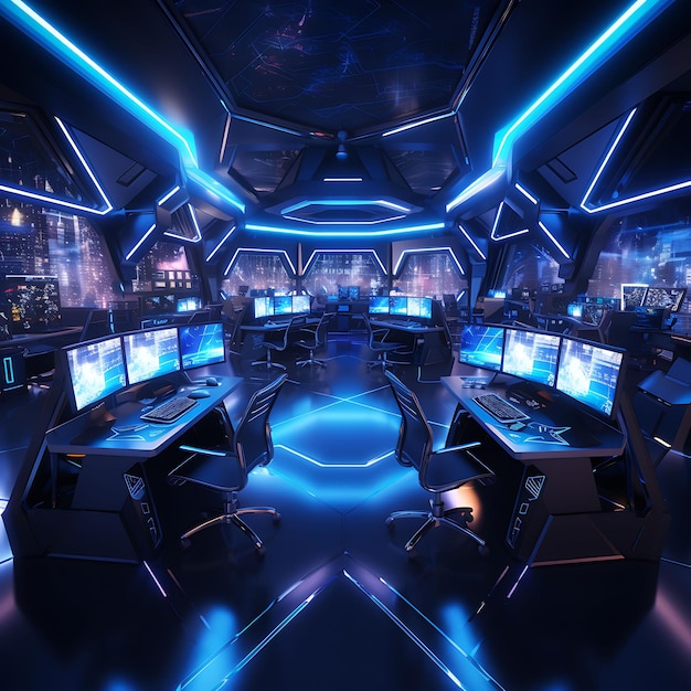 Toile de fond d'une salle de cybercafé futuriste, compteurs élégants, ordinateur de haute technologie pour le flux de créateurs de contenu