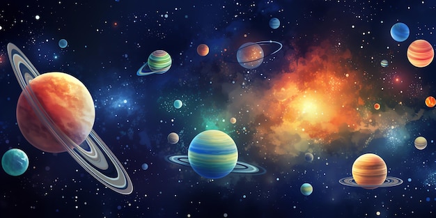 Une toile de fond d'un système solaire avec des planètes et des étoiles Generative Ai