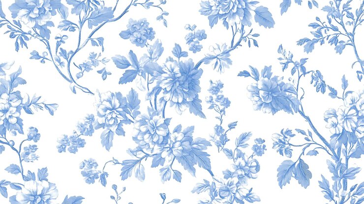 Photo toile de jouy modèle sans couture fleurs de jardin avec des vignes palette bleu clair et blanc charme à l'ancienne illustration détaillée