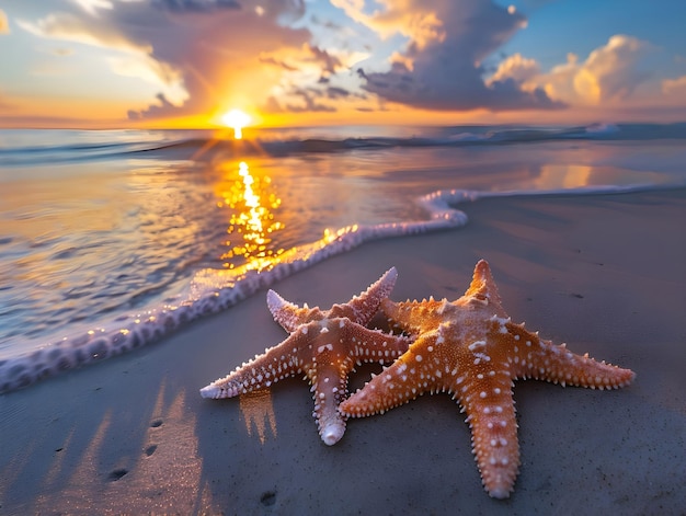 Étoile de mer sur le littoral avec le coucher de soleil au-dessus de l'horizon tropical Ai Généré