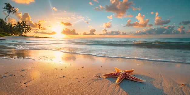 Étoile de mer sur la plage au coucher du soleil avec un beau ciel et des palmiers tropicaux Une scène conceptuelle de vacances d'été