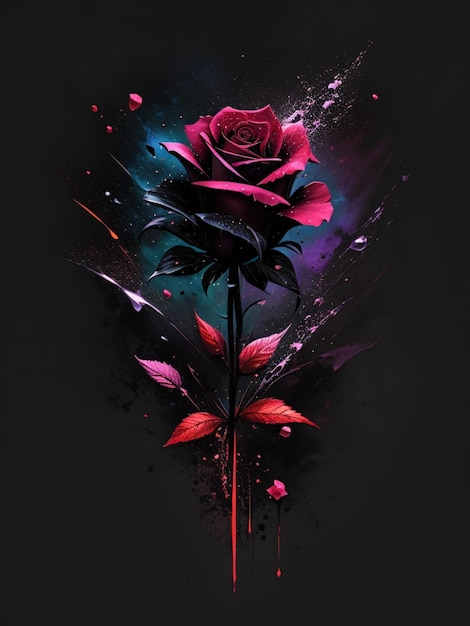 Étoile noire brillante fleur rose splash art tshirt design esthétique