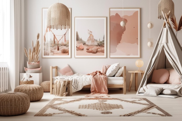 Des toiles et des cadres en bois dans une chambre bohémienne pour enfants.