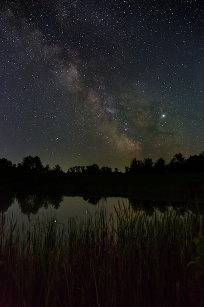 Étoiles dans le ciel la nuit. Voie lactée lumineuse sur le lac.